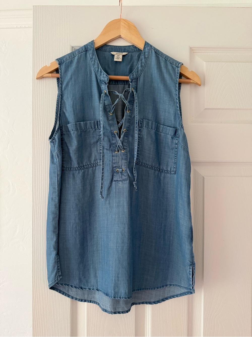 Guess Chambray Lace-Up Sleeveless Top in Blue